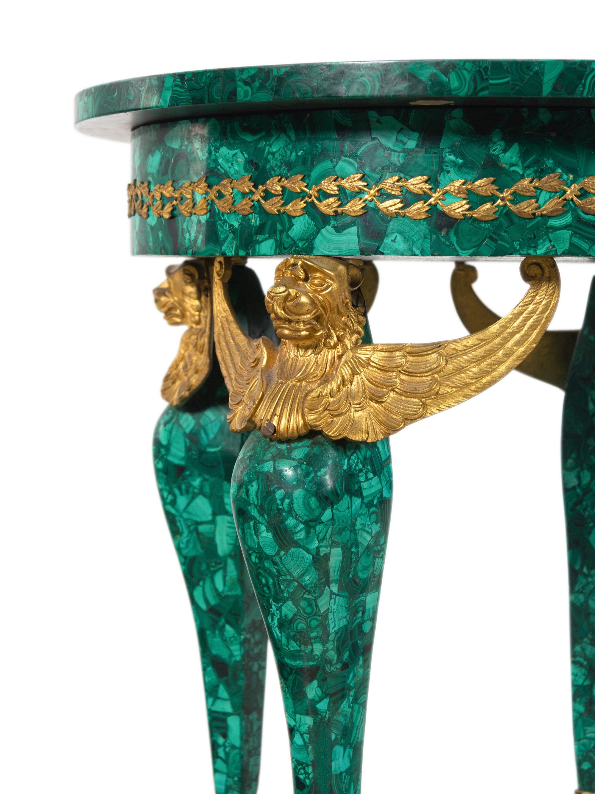 An Empire Style Gilt Bronze Mounted Malachite Veneered Center Table