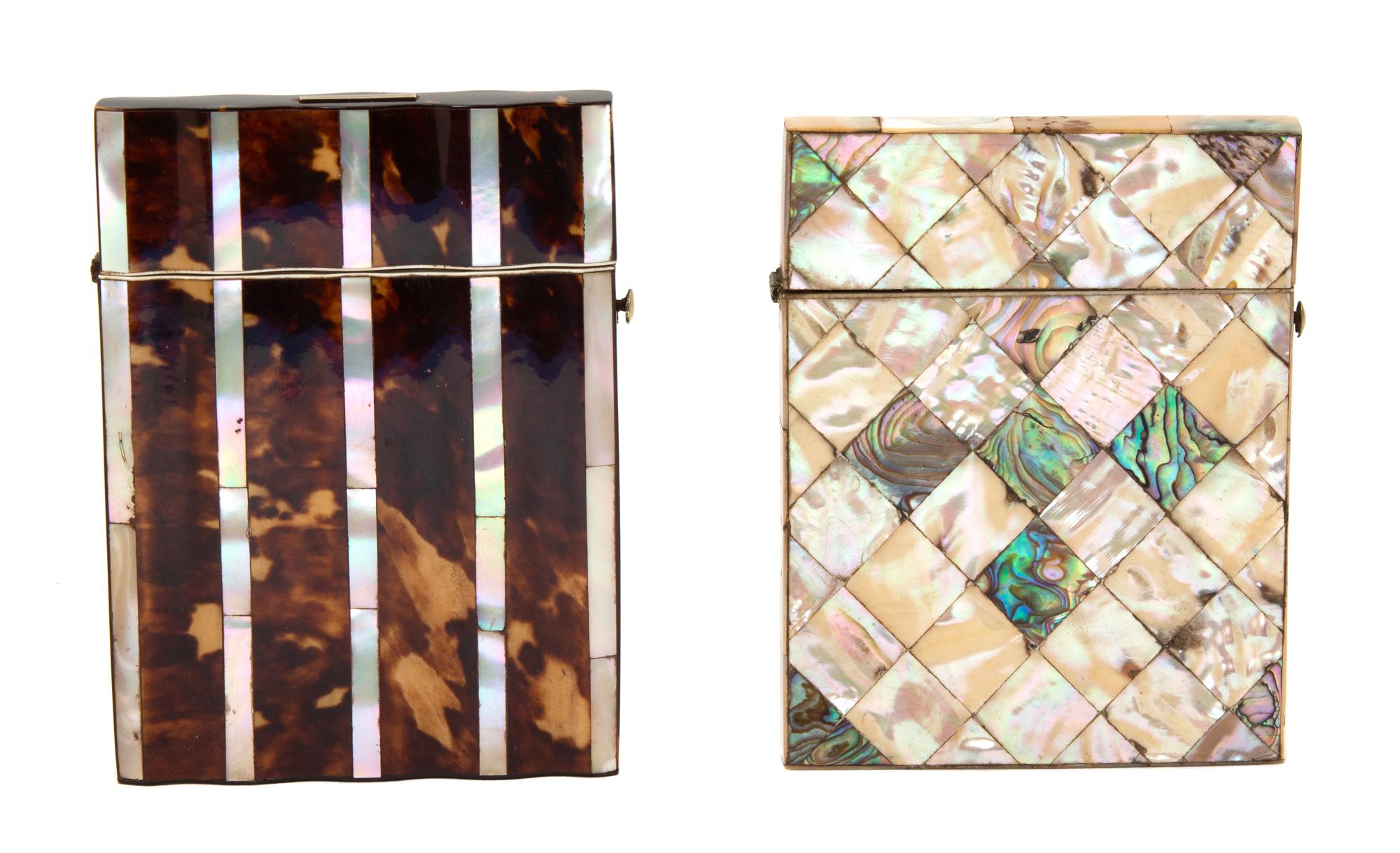 Two Victorian Mother-of-Pearl and Tortoise Shell Calling Card Cases Largest height 4 1/8 x width 3 1/8 inches. — 19TH/20TH CENTURY