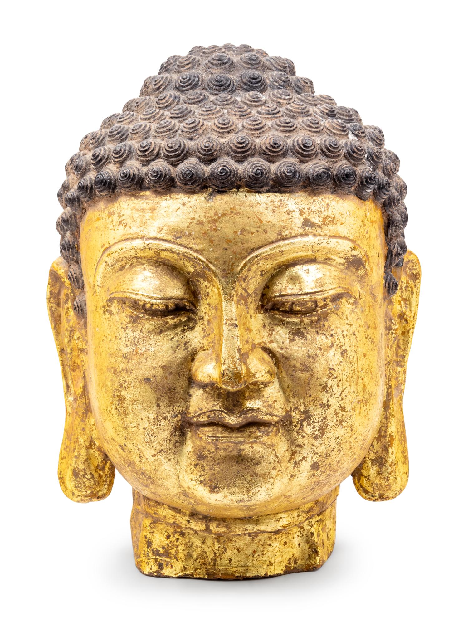 A Contemporary Giltwood Head of Buddha