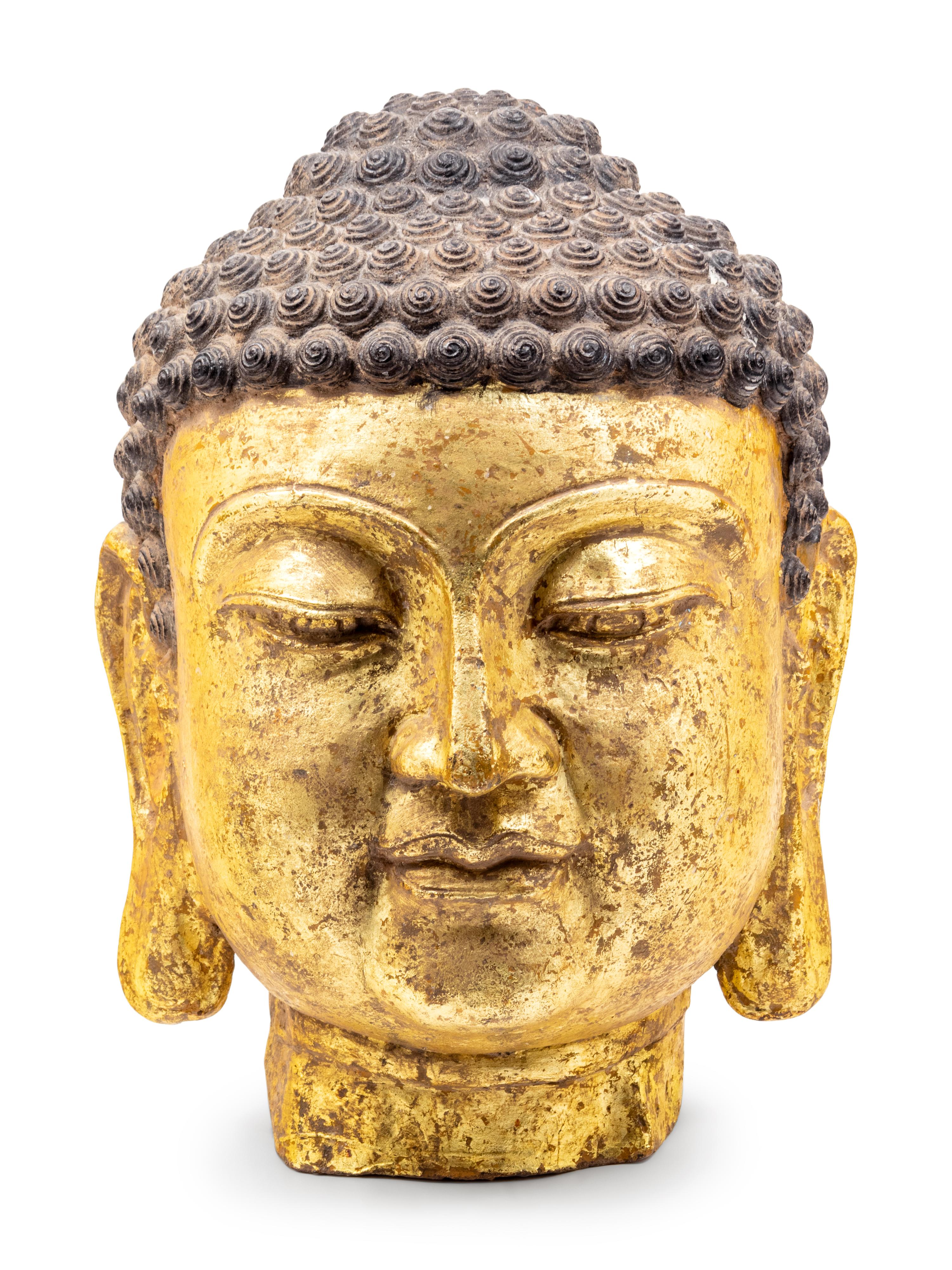 A Contemporary Giltwood Head of Buddha