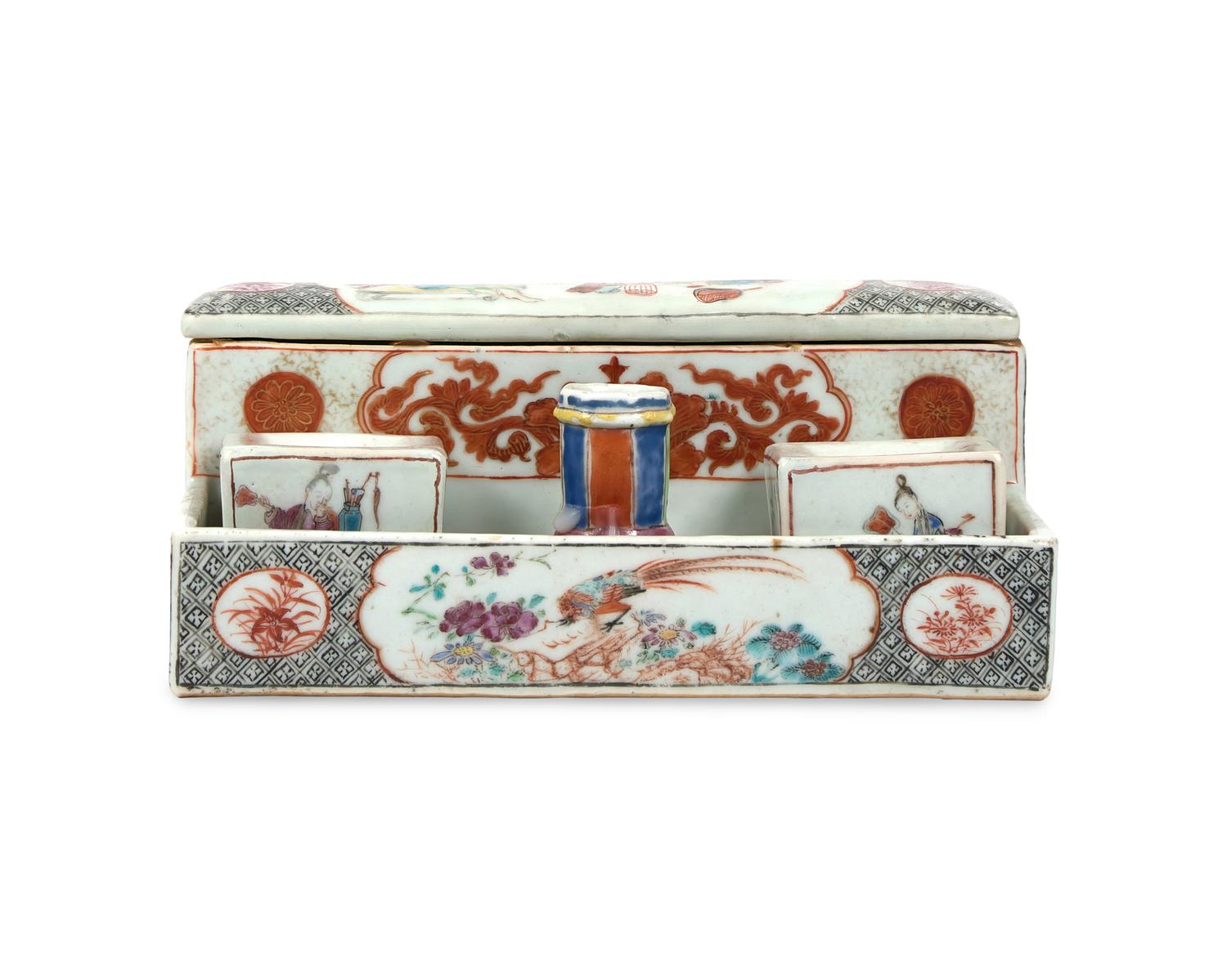 A Chinese Export Porcelain Famille Rose Inkstand And Pair Of Candlesticks