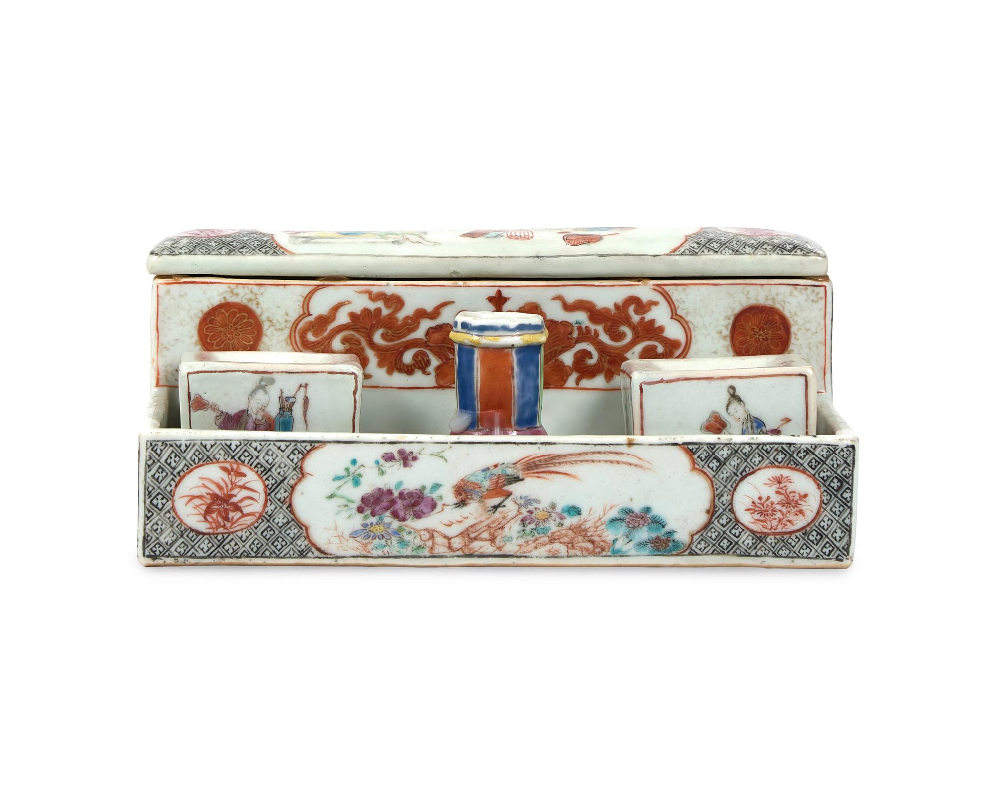 A Chinese Export Porcelain Famille Rose Inkstand And Pair Of Candlesticks