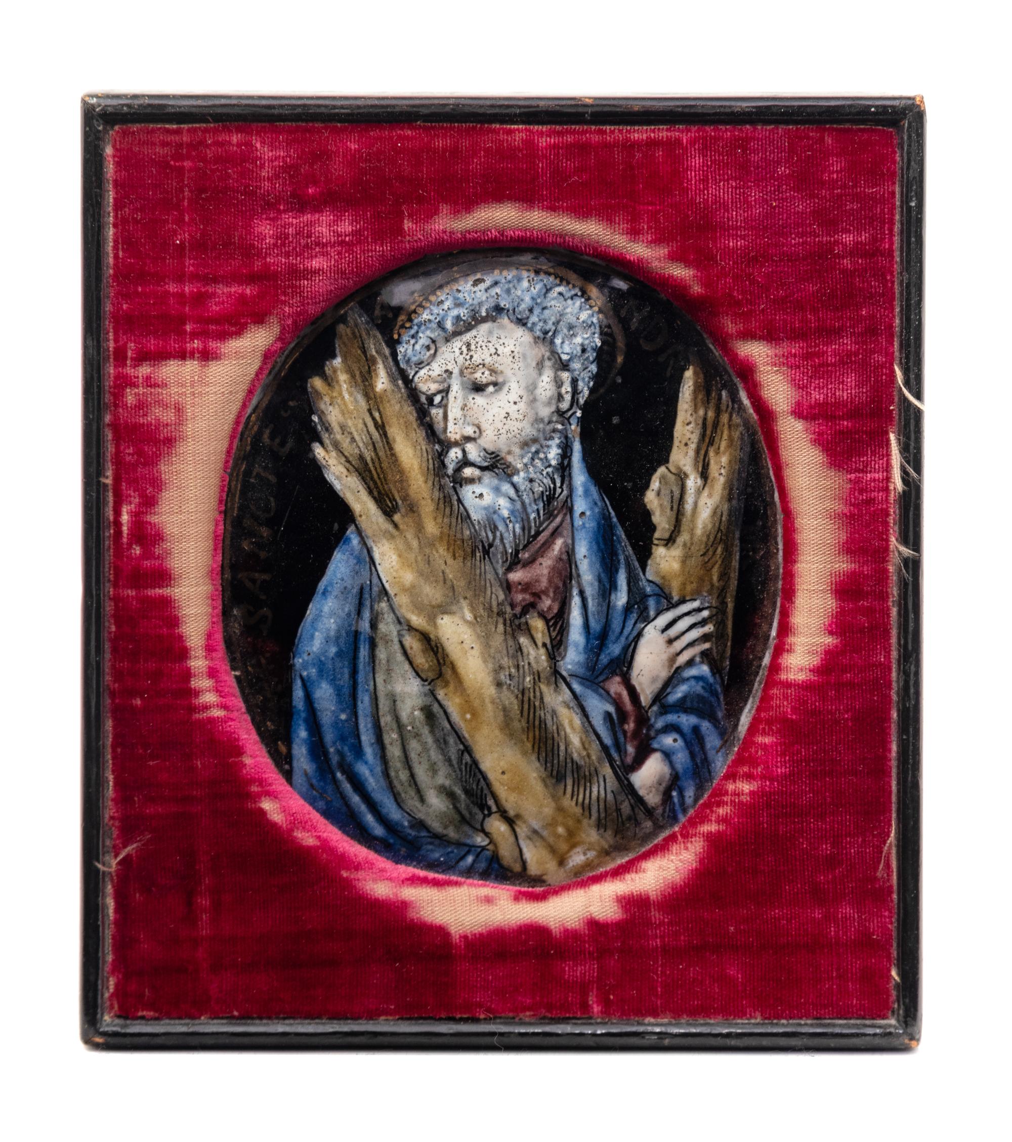 A Continental Enameled Plaque Depicting St. Andrew