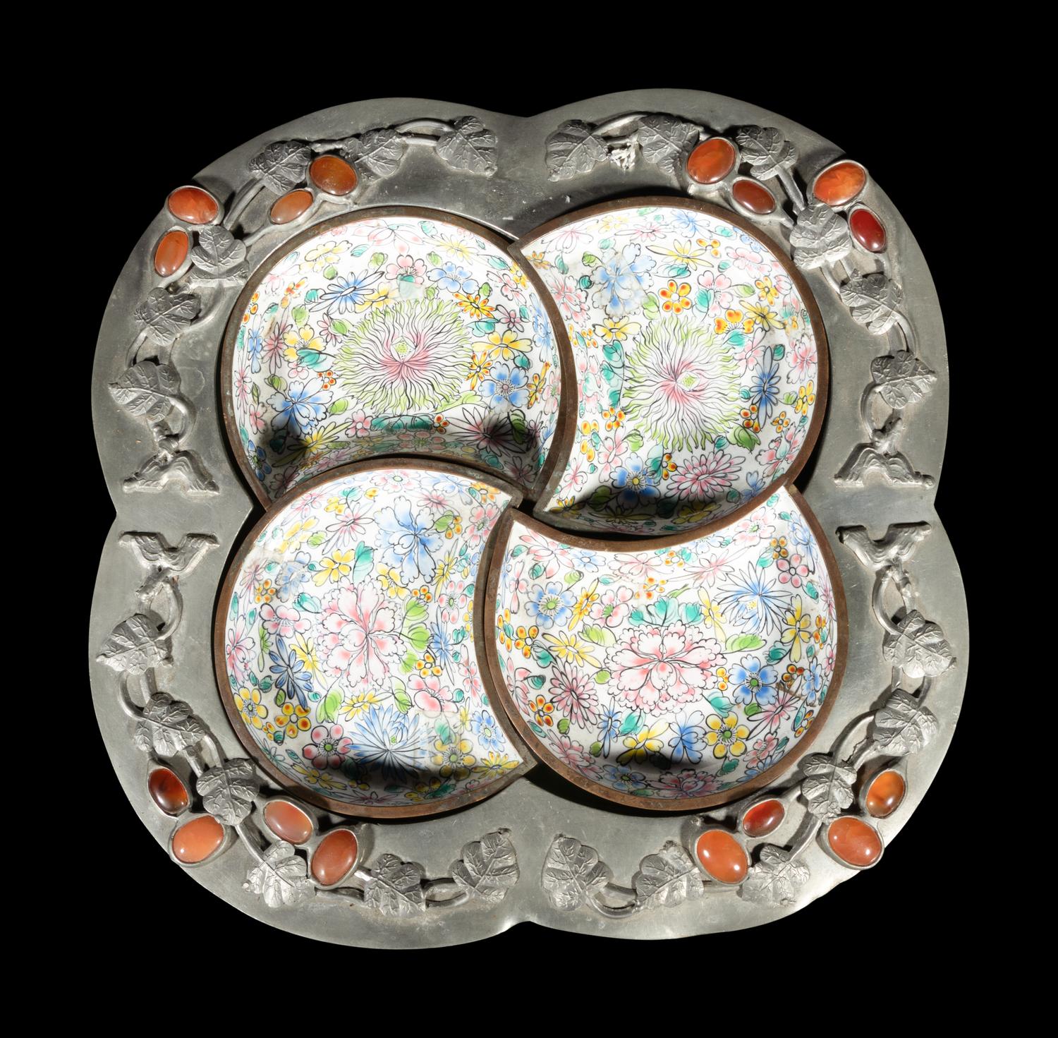 A Set of Three Chinese Pewter and Painted Canton Enamel Wares