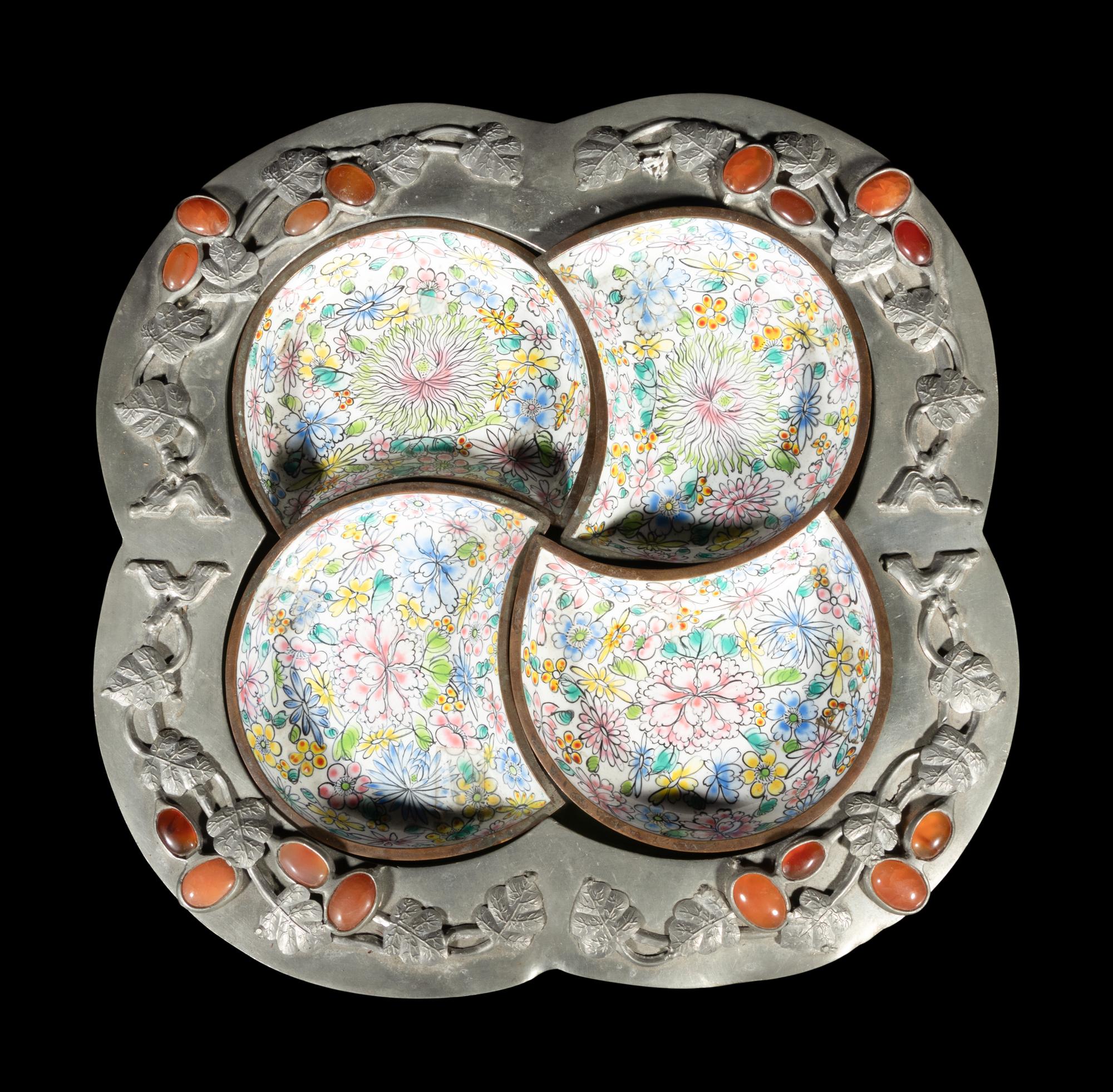 A Set of Three Chinese Pewter and Painted Canton Enamel Wares