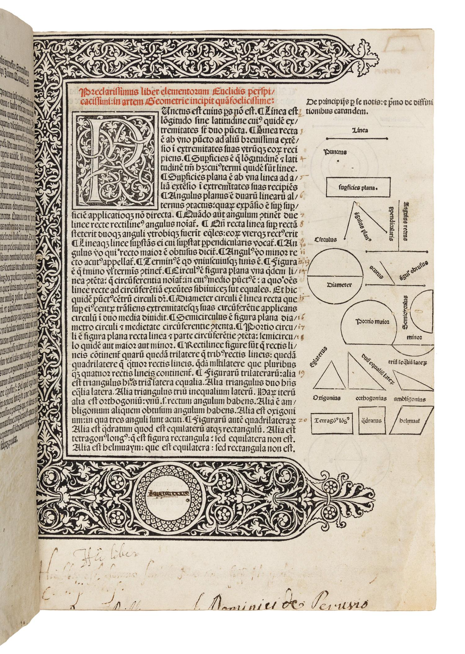 EUCLID (fl. ca 300 B.C.). Elementa geometriae . Translated from the Arabic by Adelard of Bath. Edited by Giovanni Campano. Venice: Erhard Ratdolt, 25 May 1482.