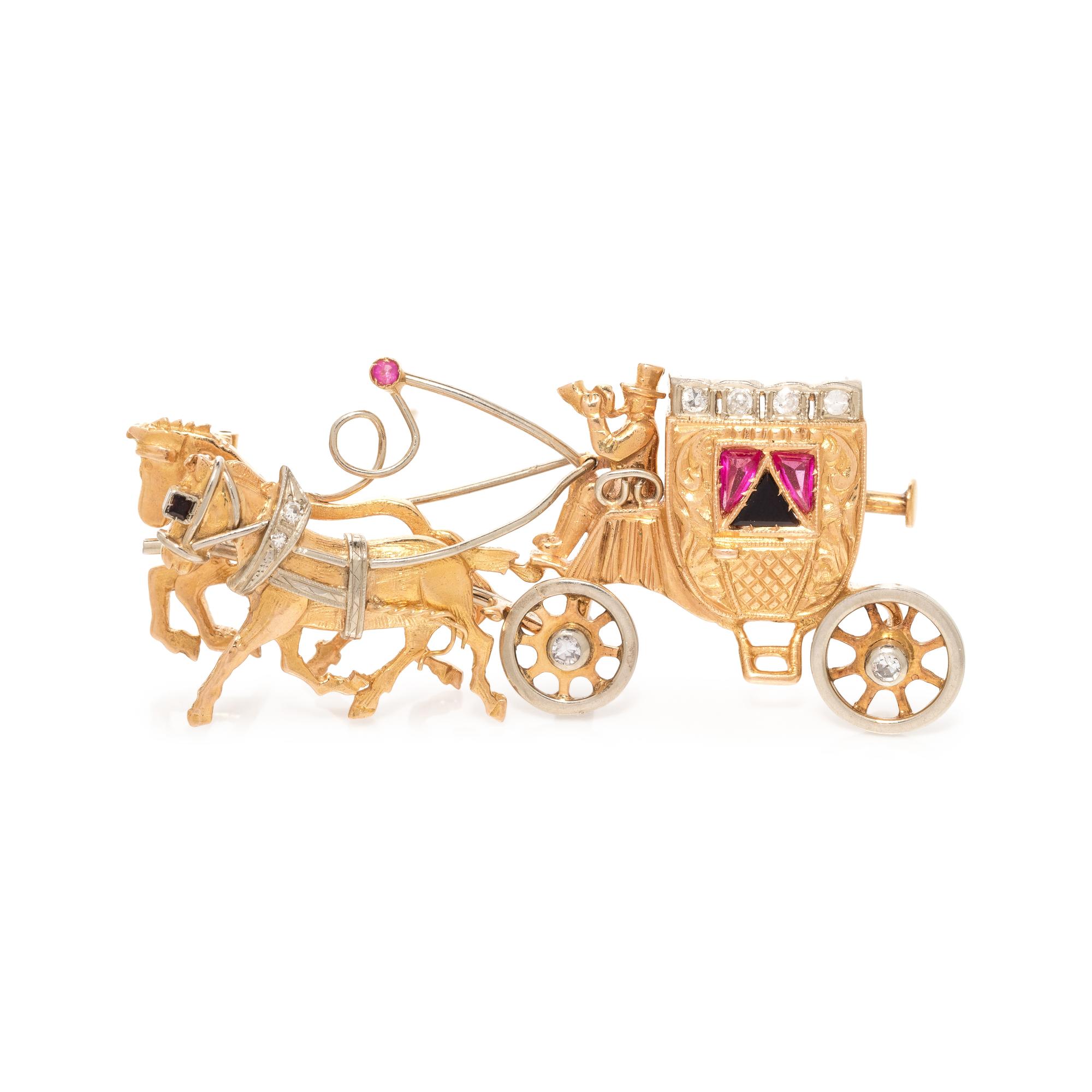 BICOLOR GOLD AND DIAMOND HORSE AND CARRIAGE BROOCH