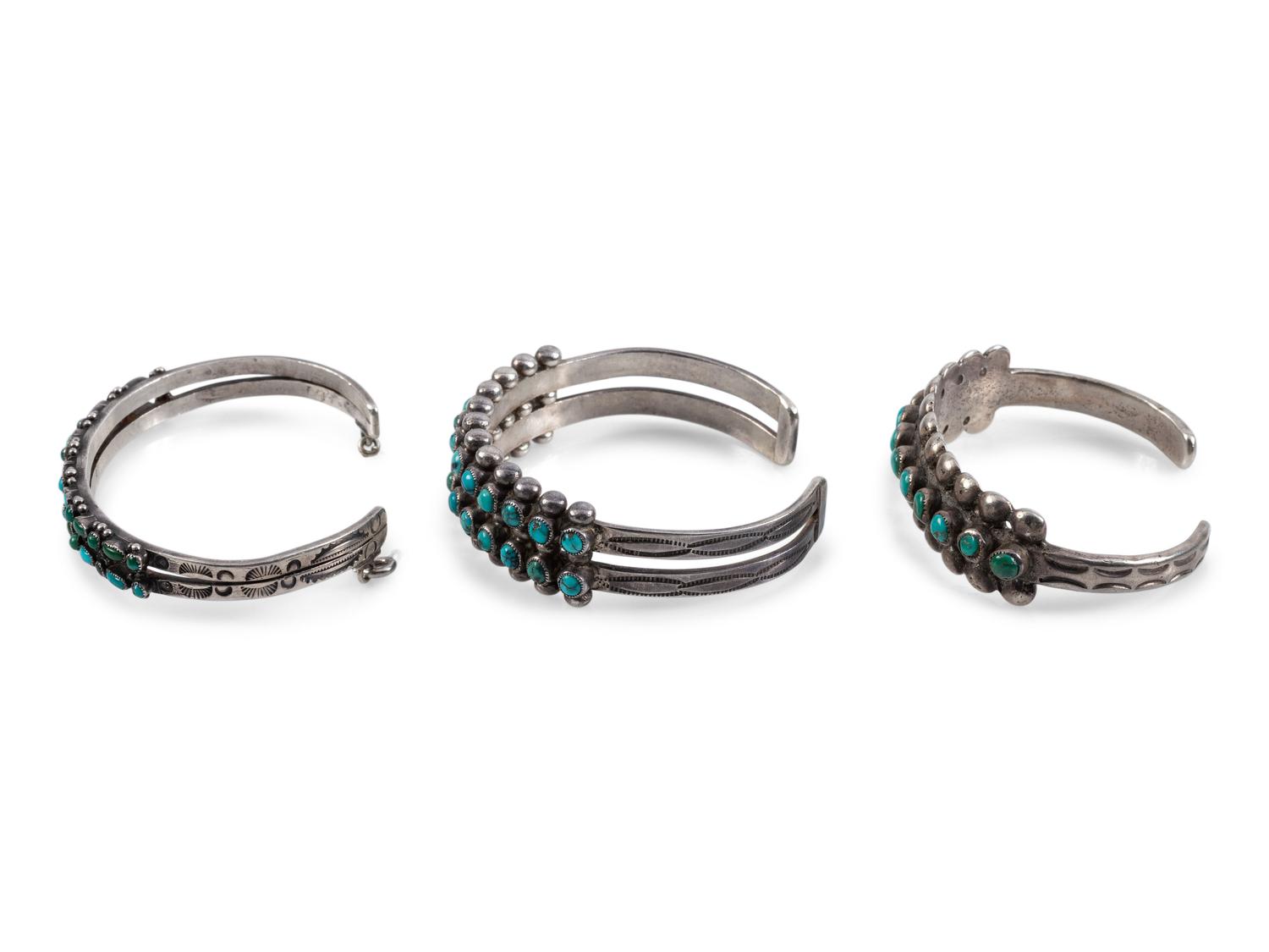 Navajo or Zuni Silver and Petit Point Turquoise Cuff Bracelets