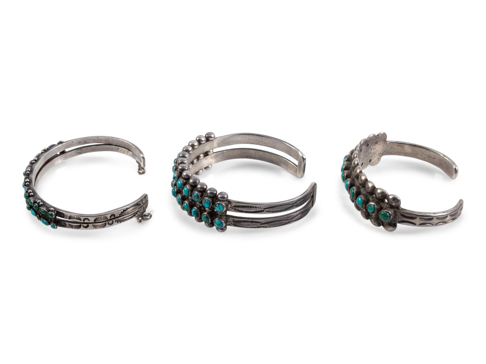 Navajo or Zuni Silver and Petit Point Turquoise Cuff Bracelets