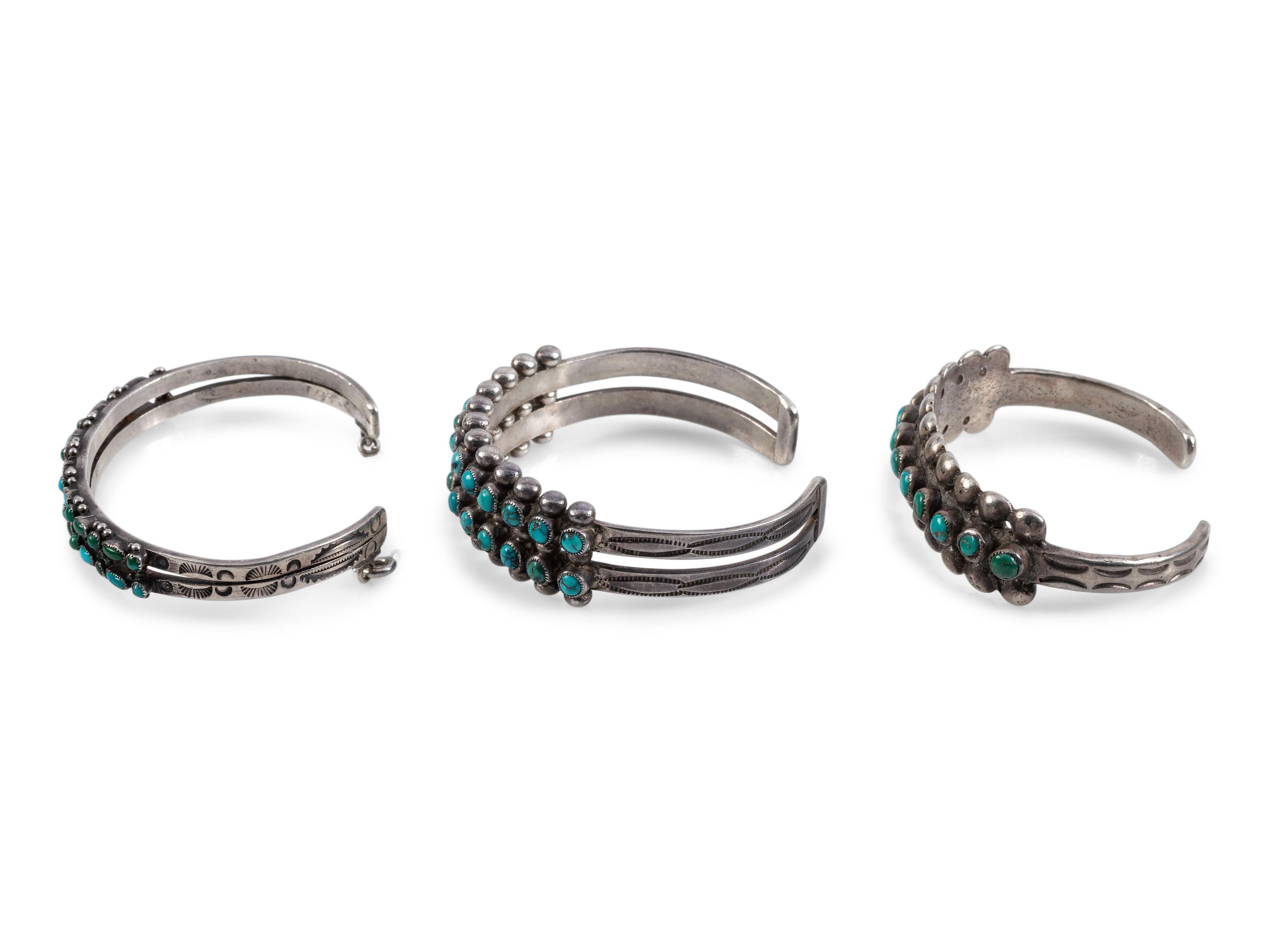 Navajo or Zuni Silver and Petit Point Turquoise Cuff Bracelets