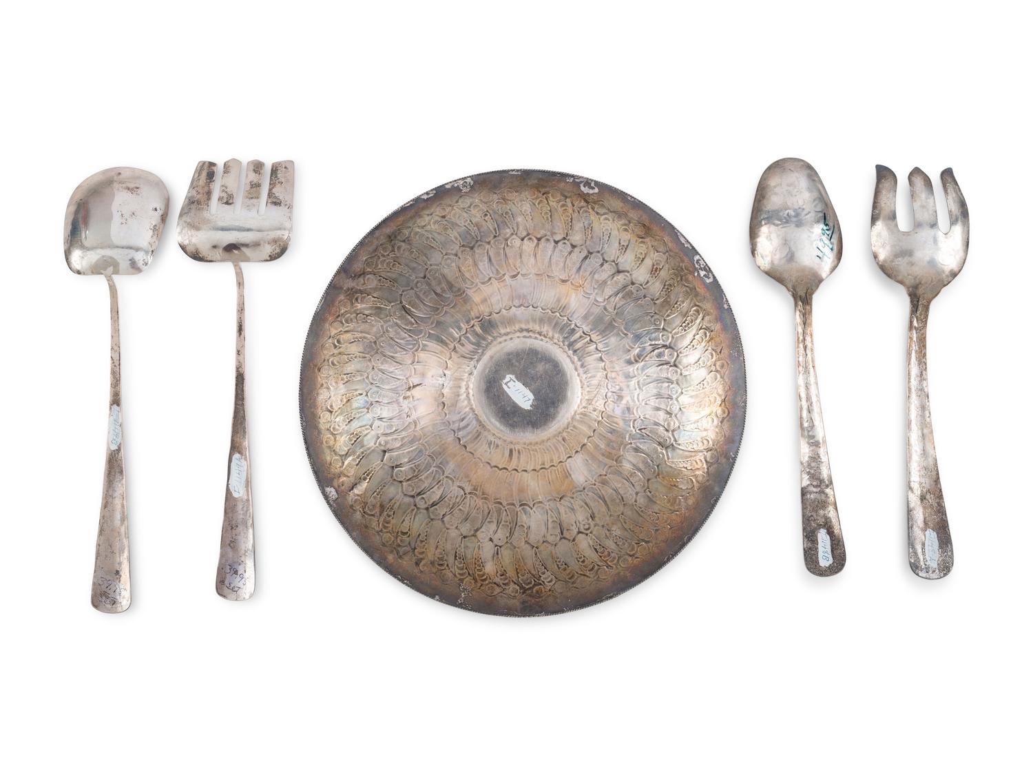 A Navajo Stamped Silver Plate and Serving Utensils, with Turquoise