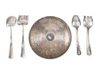 A Navajo Stamped Silver Plate and Serving Utensils, with Turquoise