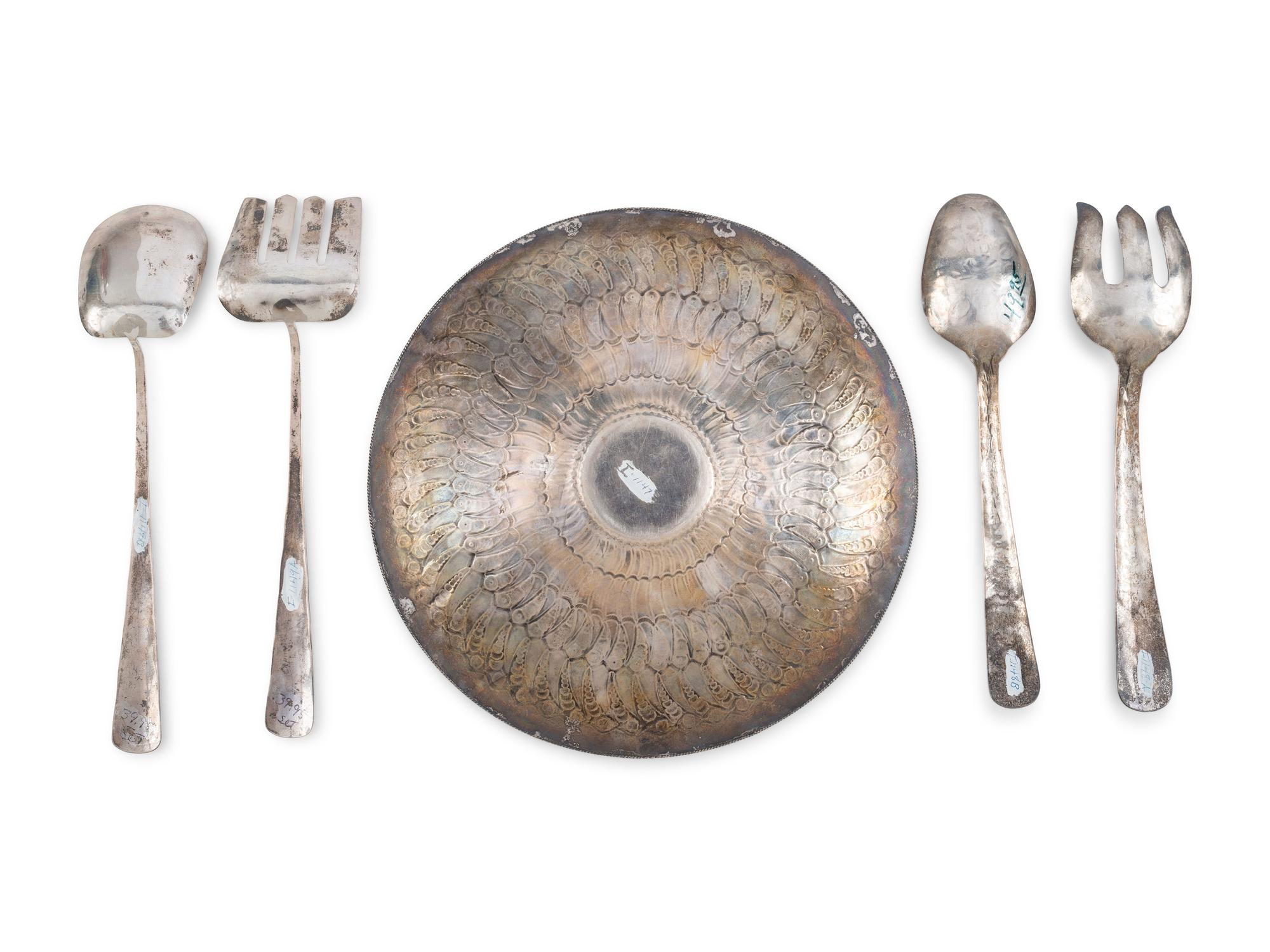 A Navajo Stamped Silver Plate and Serving Utensils, with Turquoise