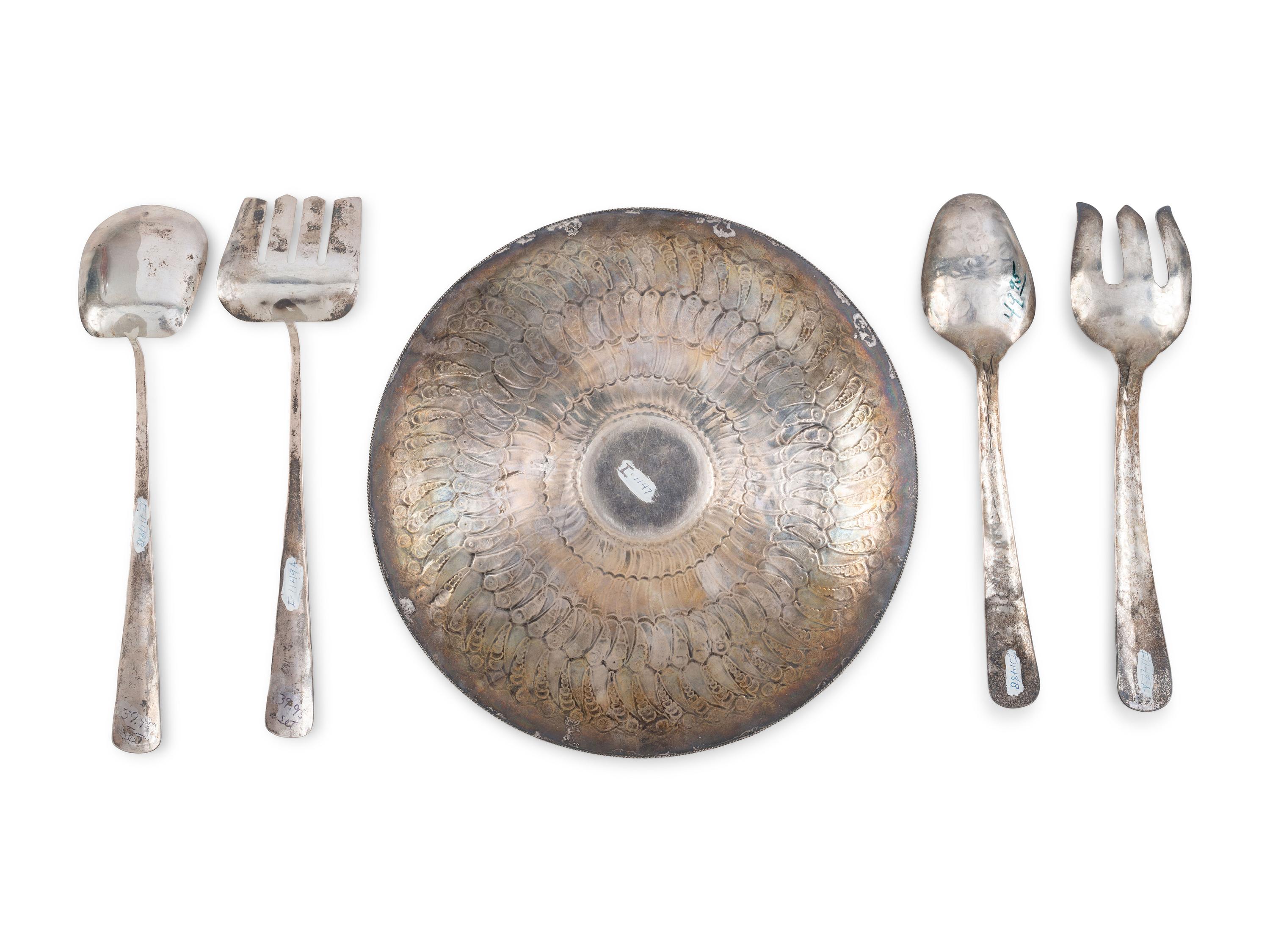 A Navajo Stamped Silver Plate and Serving Utensils, with Turquoise