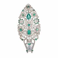 Art Deco, French, Diamond, Emerald, and Moonstone Giardinetto Brooch