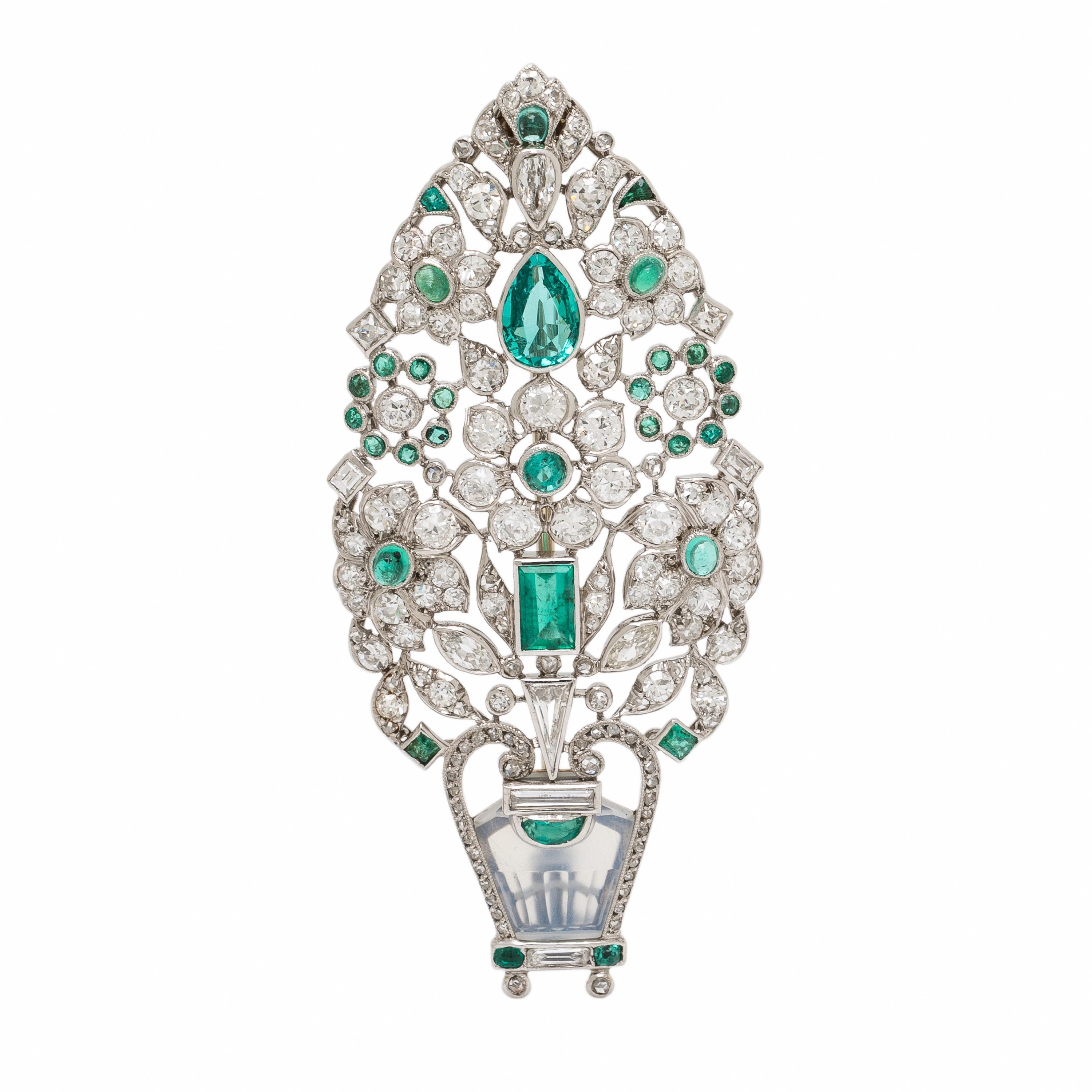 Art Deco, French, Diamond, Emerald, and Moonstone Giardinetto Brooch
