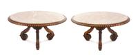 A Pair of Neoclassical Carved Oak Low Tables, Height 17 x diameter 35 inches.