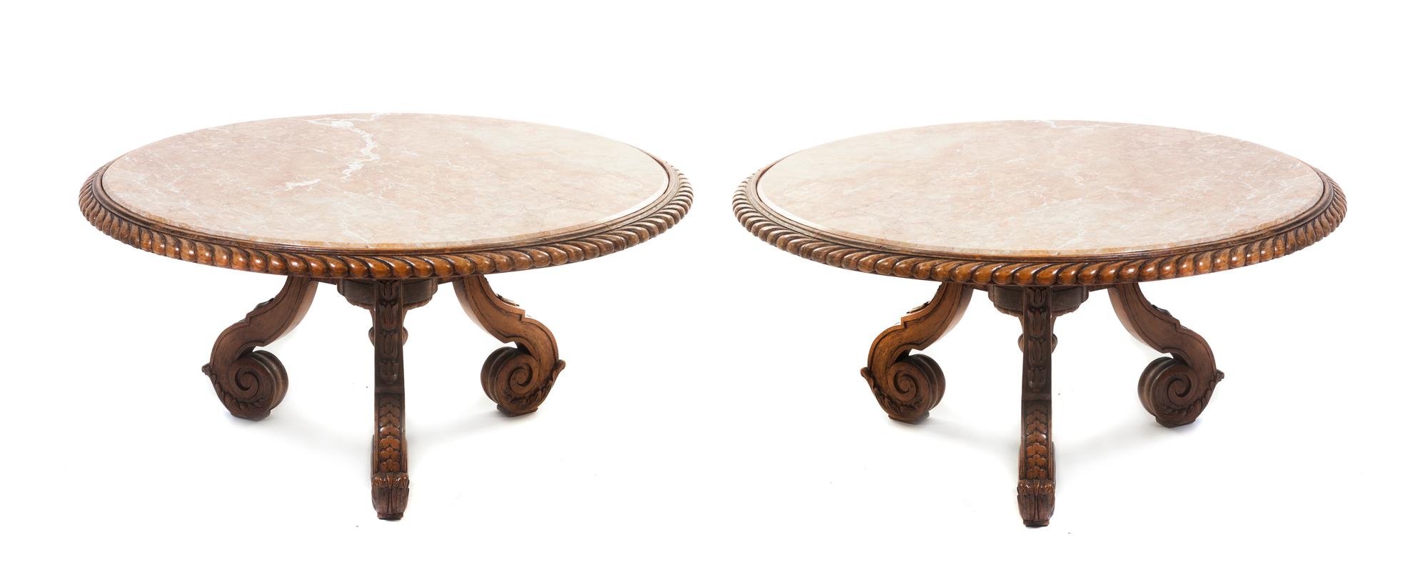 A Pair of Neoclassical Carved Oak Low Tables, Height 17 x diameter 35 inches.