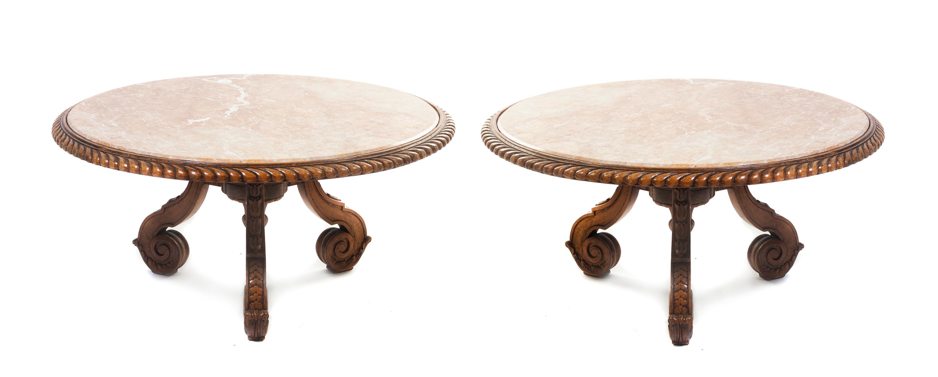 A Pair of Neoclassical Carved Oak Low Tables, Height 17 x diameter 35 inches.