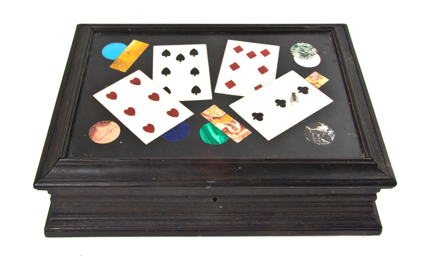 A Pietra Dura Decorated Table Casket, Width 8 3/4 inches.