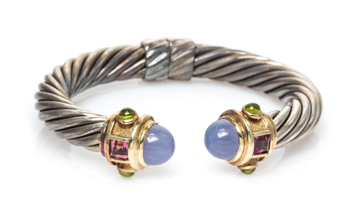 A Sterling Silver, 14 Karat Yellow Gold, Blue Chalcedony, Pink Tourmaline and Peridot 'Renaissance' Bracelet, David Yurman, 30.80 dwts.