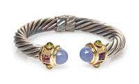 A Sterling Silver, 14 Karat Yellow Gold, Blue Chalcedony, Pink Tourmaline and Peridot 'Renaissance' Bracelet, David Yurman, 30.80 dwts.