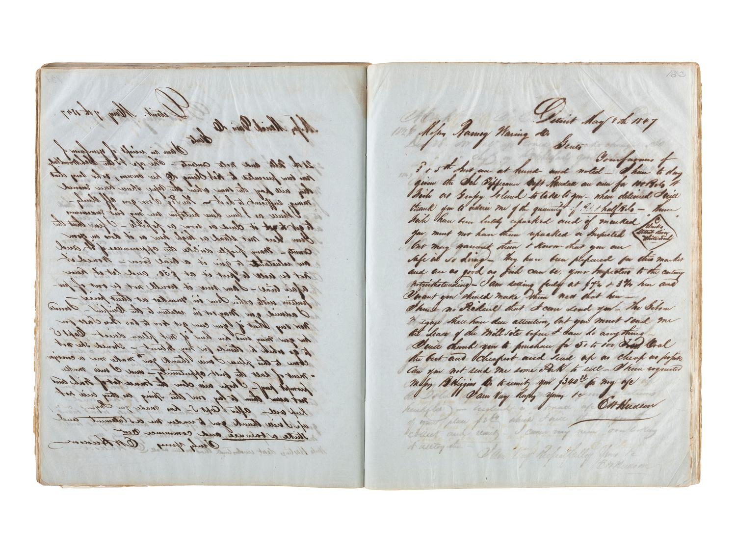 [TRANSPORTATION] -- [SHIPPING]. Letter press copy book featuring discussion of early Great Lakes shipping and commerce within the 1847 business correspondence of Detroit shipbuilder, merchant, and vessel owner Elon W. Hudson (1818-1901).