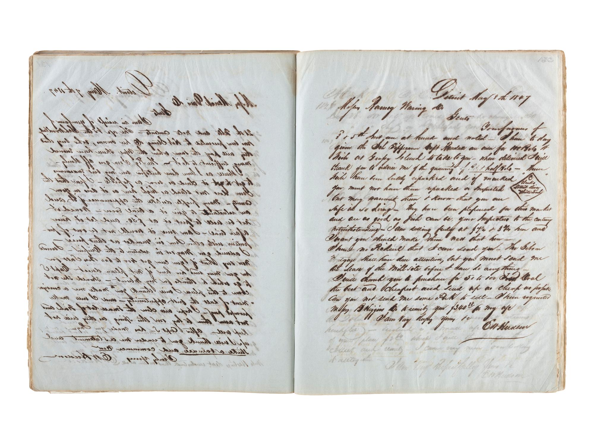 [TRANSPORTATION] -- [SHIPPING]. Letter press copy book featuring discussion of early Great Lakes shipping and commerce within the 1847 business correspondence of Detroit shipbuilder, merchant, and vessel owner Elon W. Hudson (1818-1901).