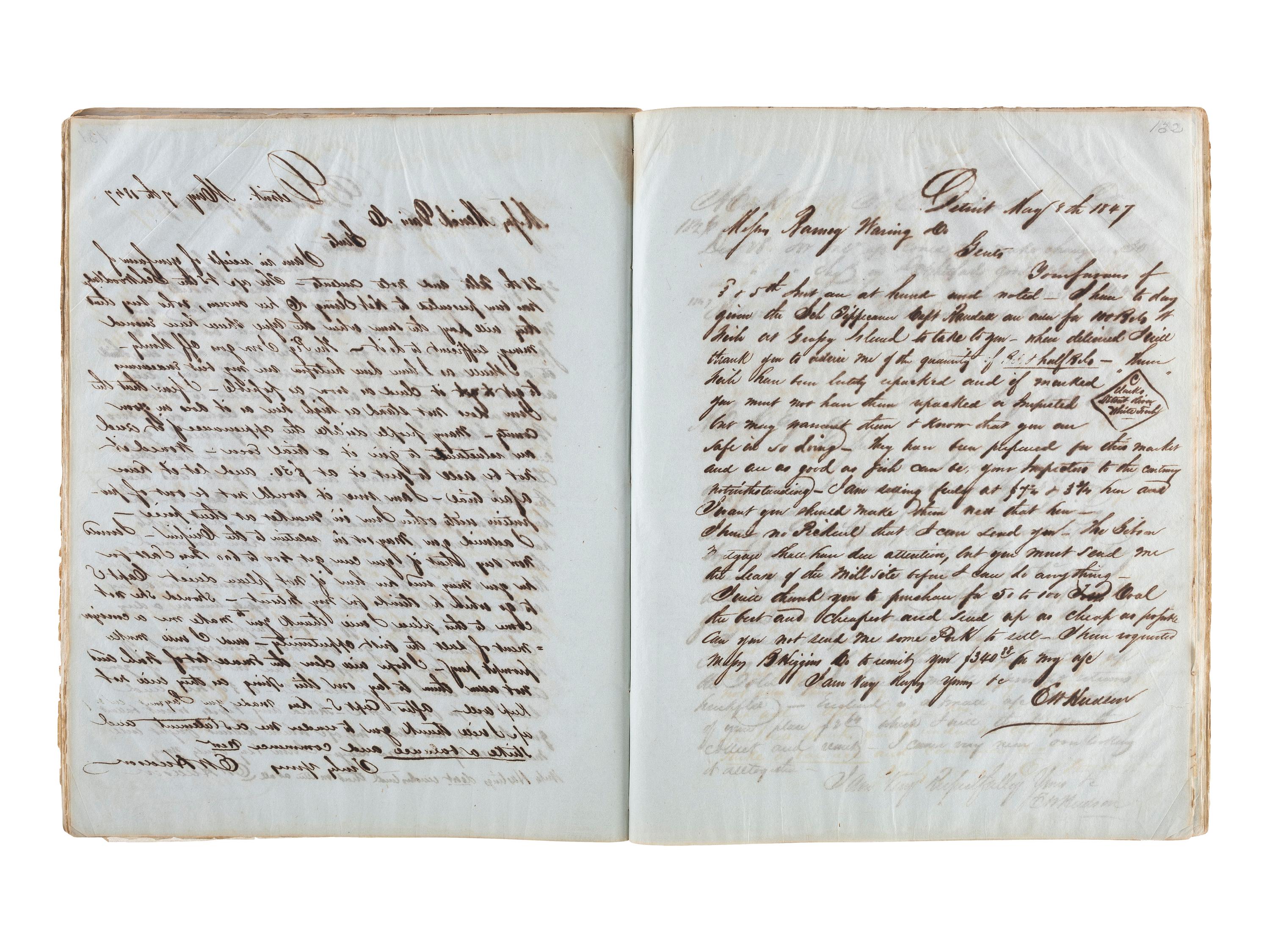 [TRANSPORTATION] -- [SHIPPING]. Letter press copy book featuring discussion of early Great Lakes shipping and commerce within the 1847 business correspondence of Detroit shipbuilder, merchant, and vessel owner Elon W. Hudson (1818-1901).