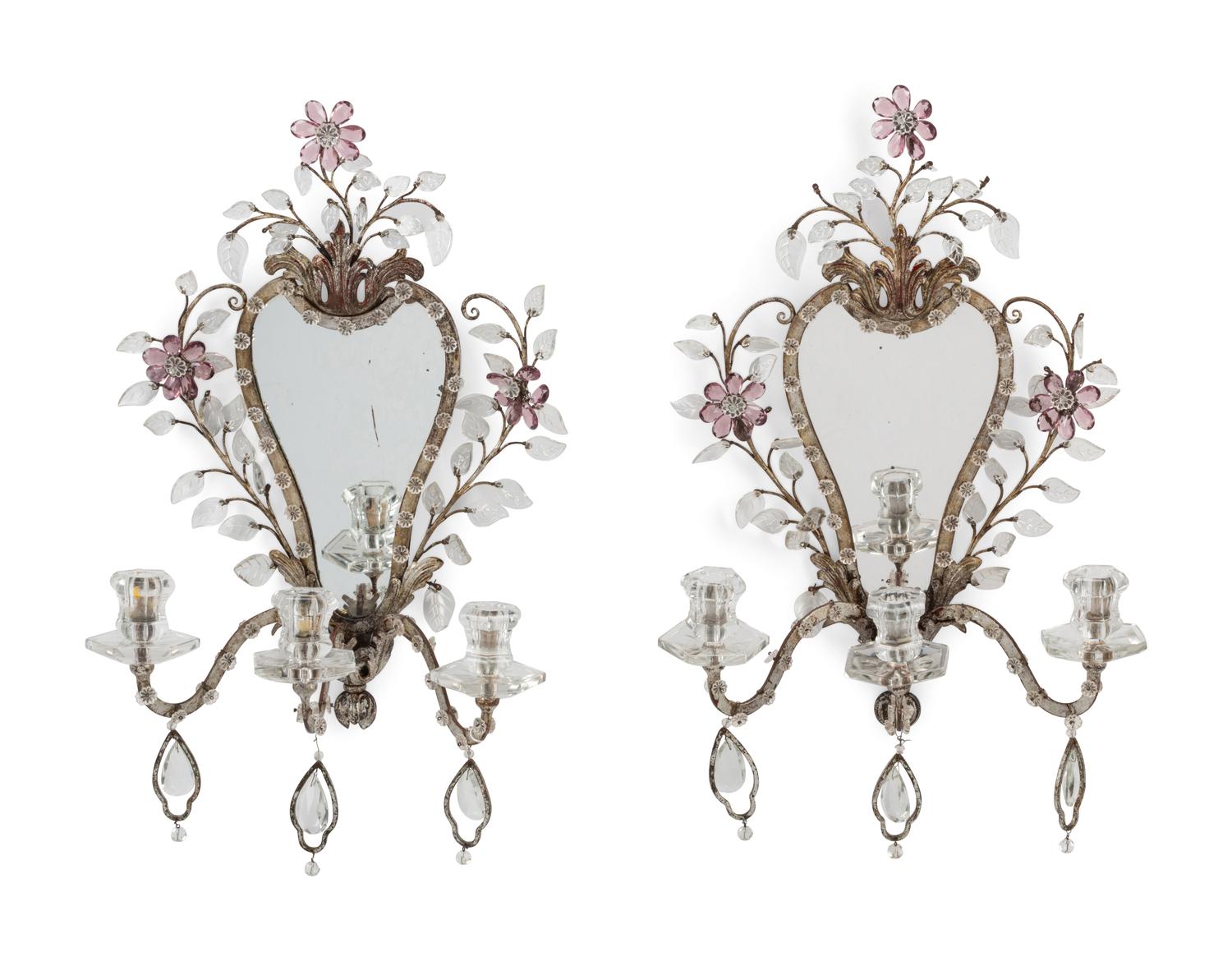 A Pair of Silvered Metal and Glass Three-Light Girandole Mirrors in the Style of Maison Baguès