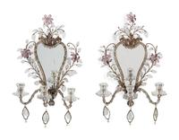 A Pair of Silvered Metal and Glass Three-Light Girandole Mirrors in the Style of Maison Baguès