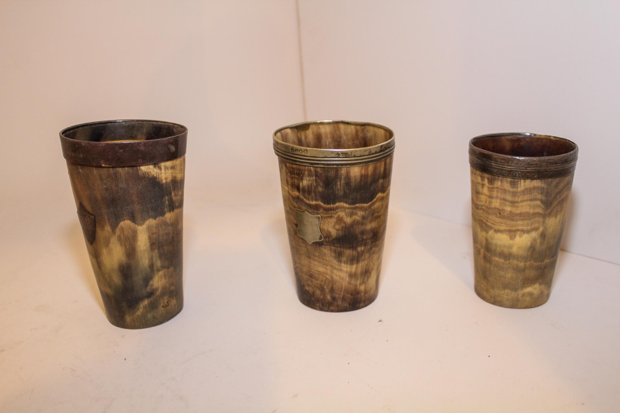 Three Silver Mounted Horn Cups Height of tallest 5 1/4 inches.
