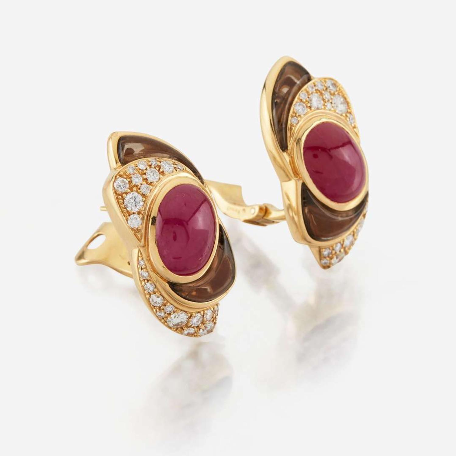 A pair of ruby, smoky quartz, diamond, and gold earrings, Marina B
