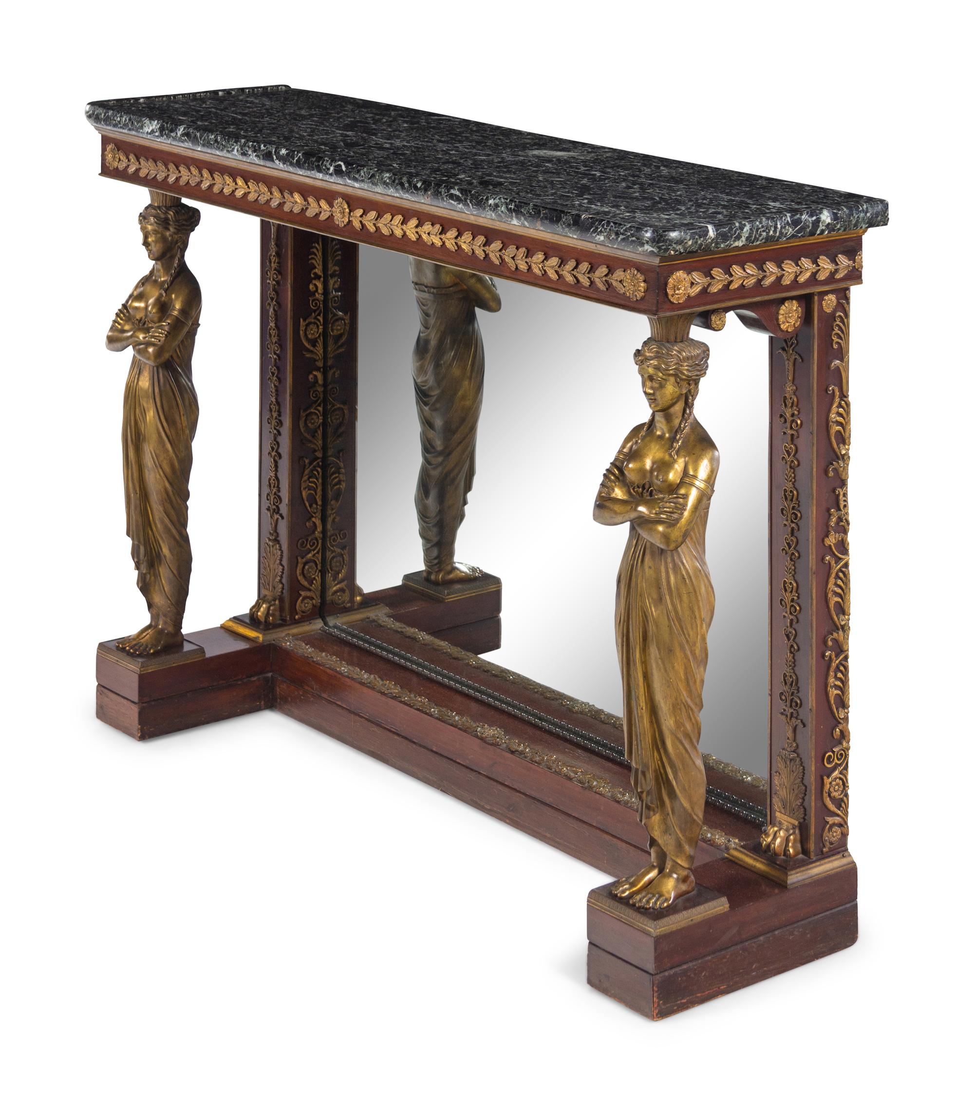 An Empire Style Gilt Bronze Mounted Mahogany and Mirrored Marble-Top Pier Table