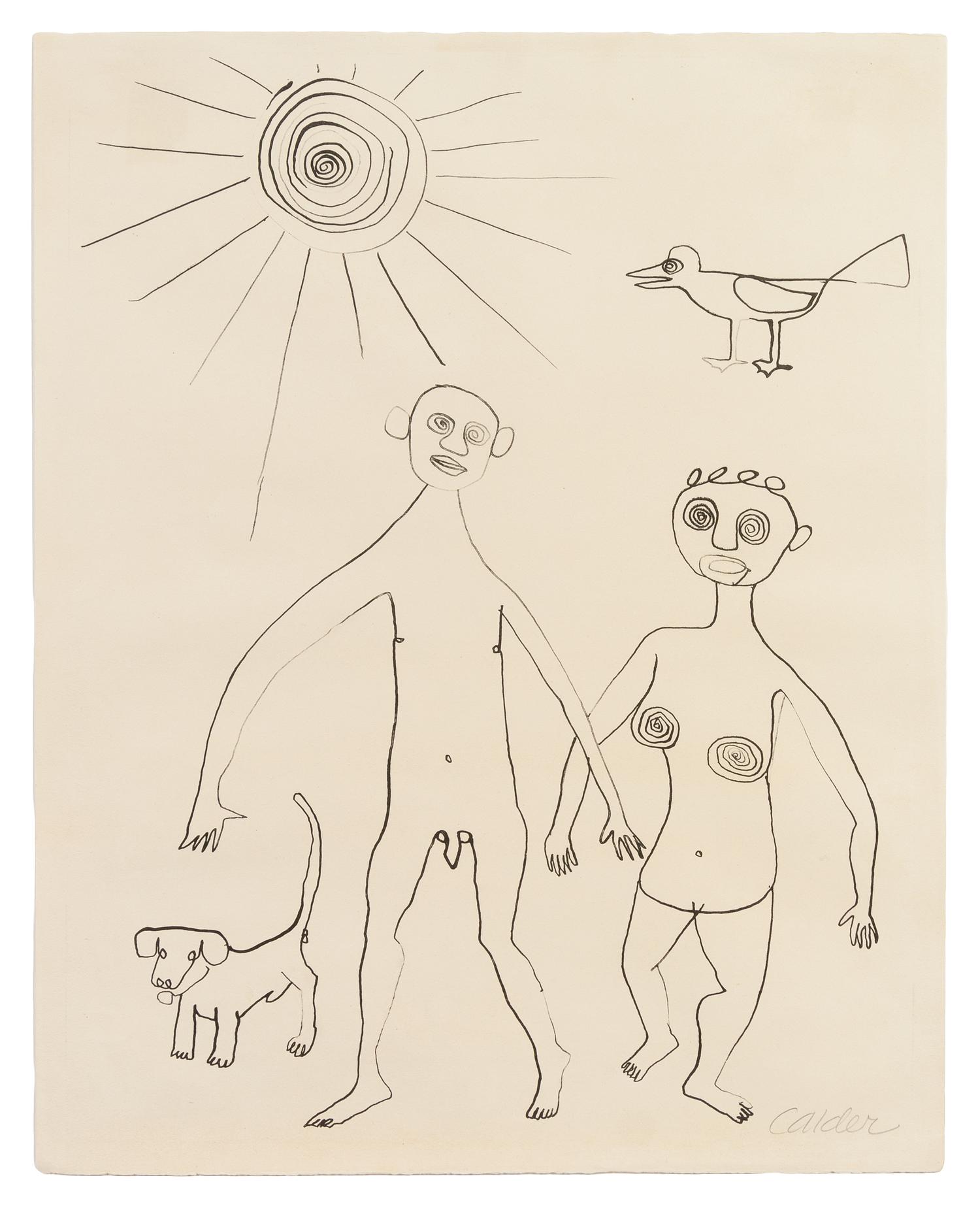 Alexander Calder, (American, 1898-1976), Ohne Titel (Nude Couple with Dog and Bird), 1946