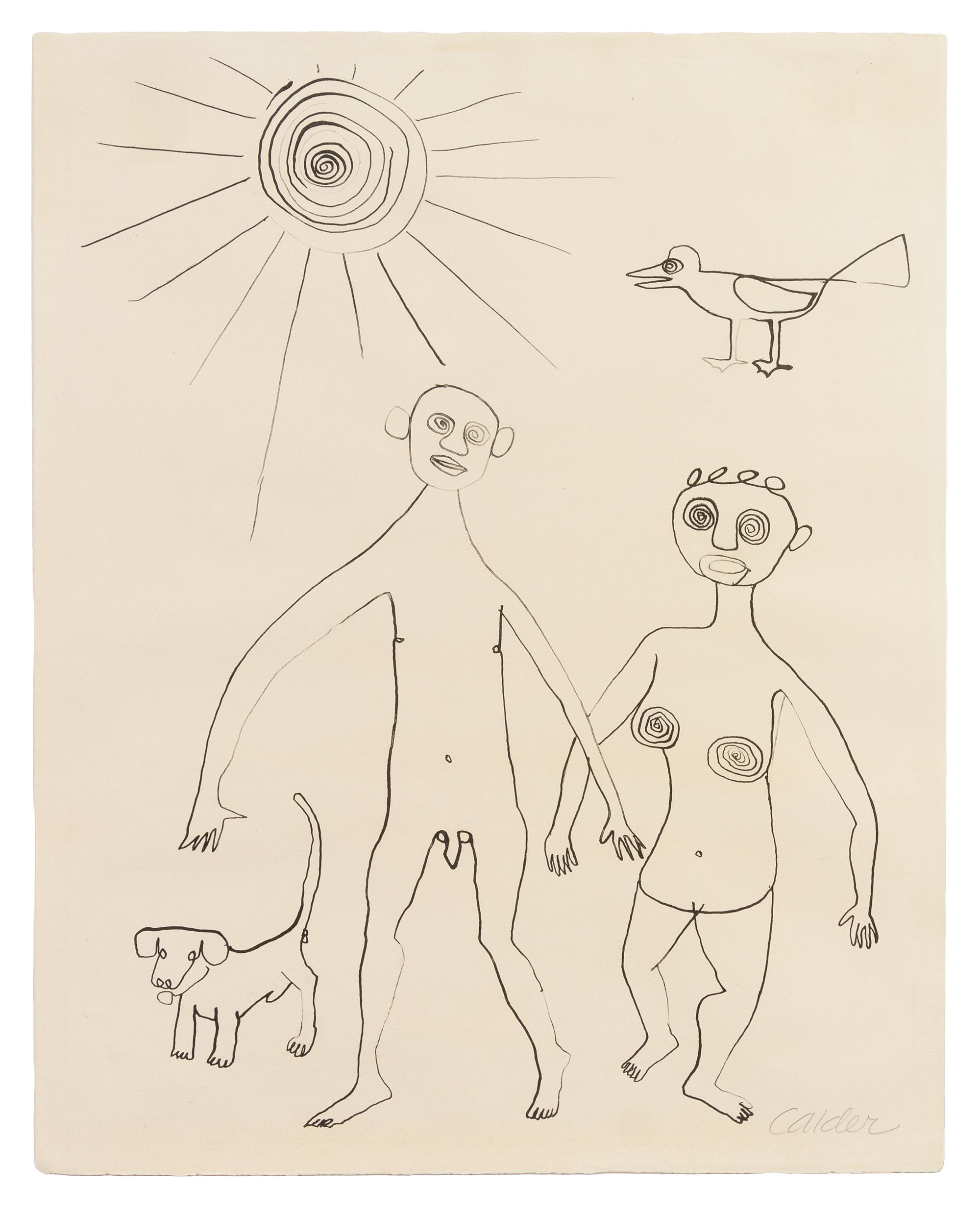 Alexander Calder, (American, 1898-1976), Ohne Titel (Nude Couple with Dog and Bird), 1946
