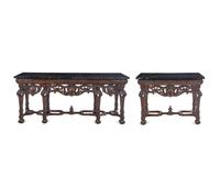 Two En Suite Italian Carved Walnut Marble-Top Console Tables