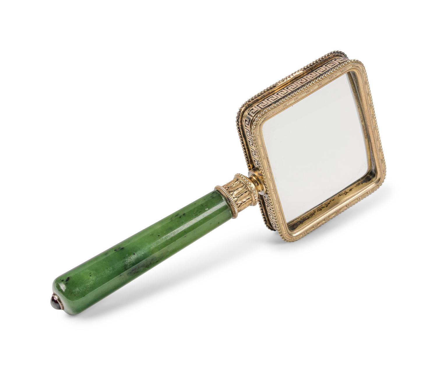 A Fabergé Silver-Gilt and Carved Nephrite Jade Magnifying Glass