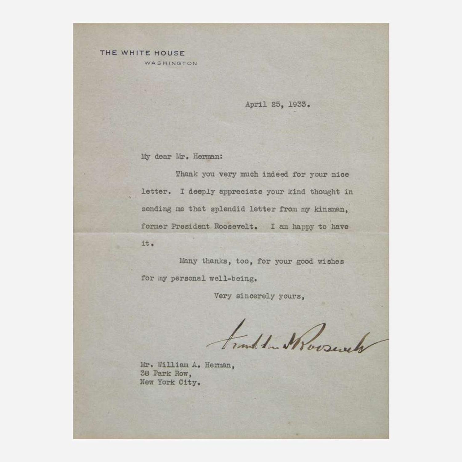 [Presidential] Roosevelt, Franklin D., and Harry Truman, and Dwight Eisenhower, et al. Group of 6 Items, signed