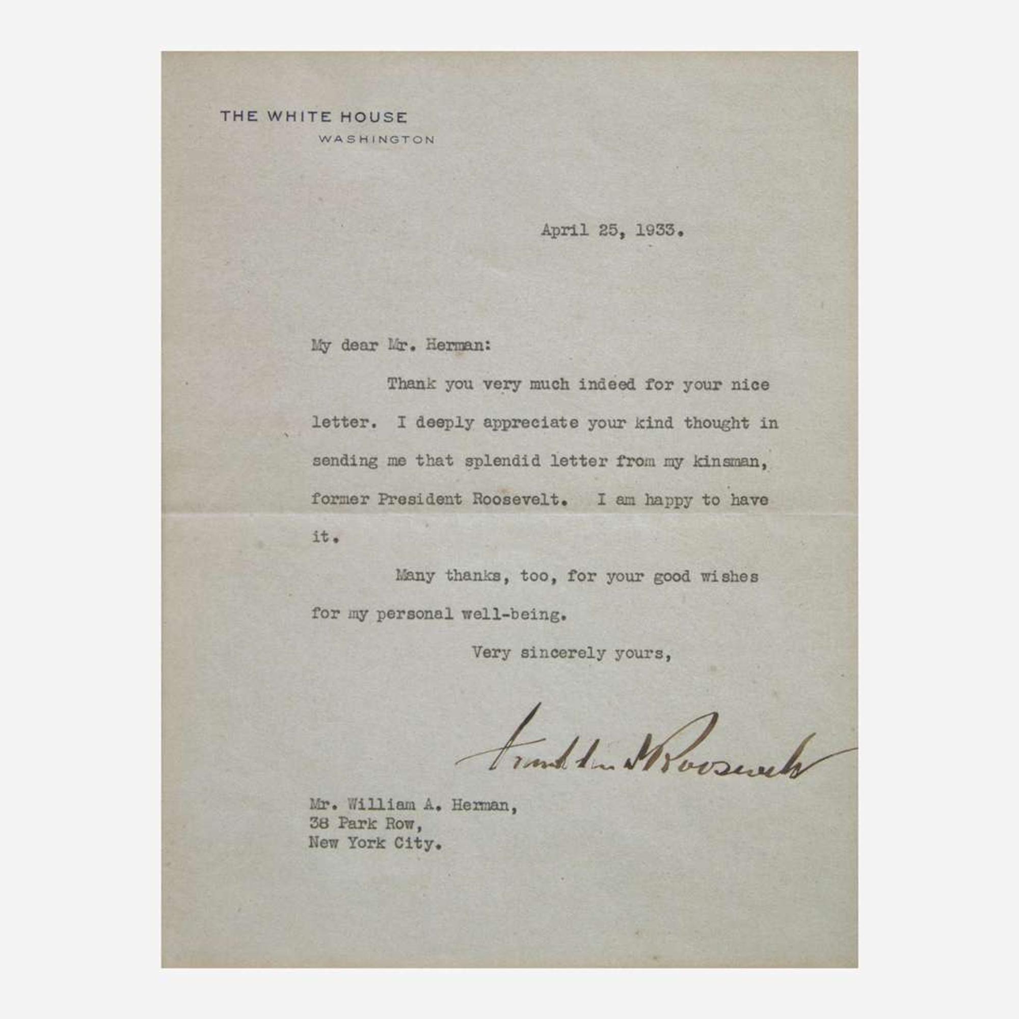 [Presidential] Roosevelt, Franklin D., and Harry Truman, and Dwight Eisenhower, et al. Group of 6 Items, signed