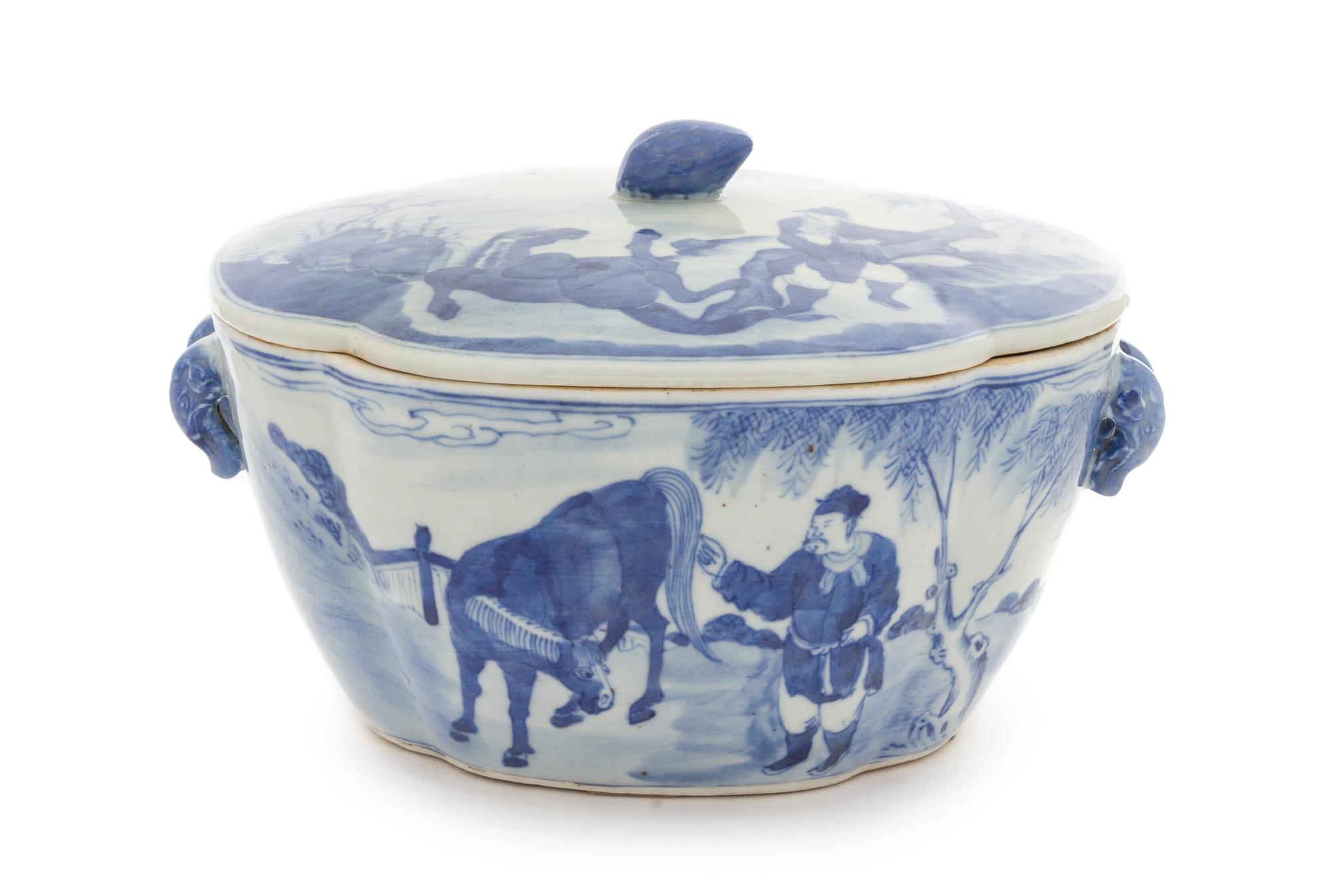 A Blue and White Porcelain Bowl and Cover LIKELY DAOGUANG PERIOD Height 6 1/2 x width 10 1/2 x depth 8 inches — LIKELY DAOGUANG PERIOD