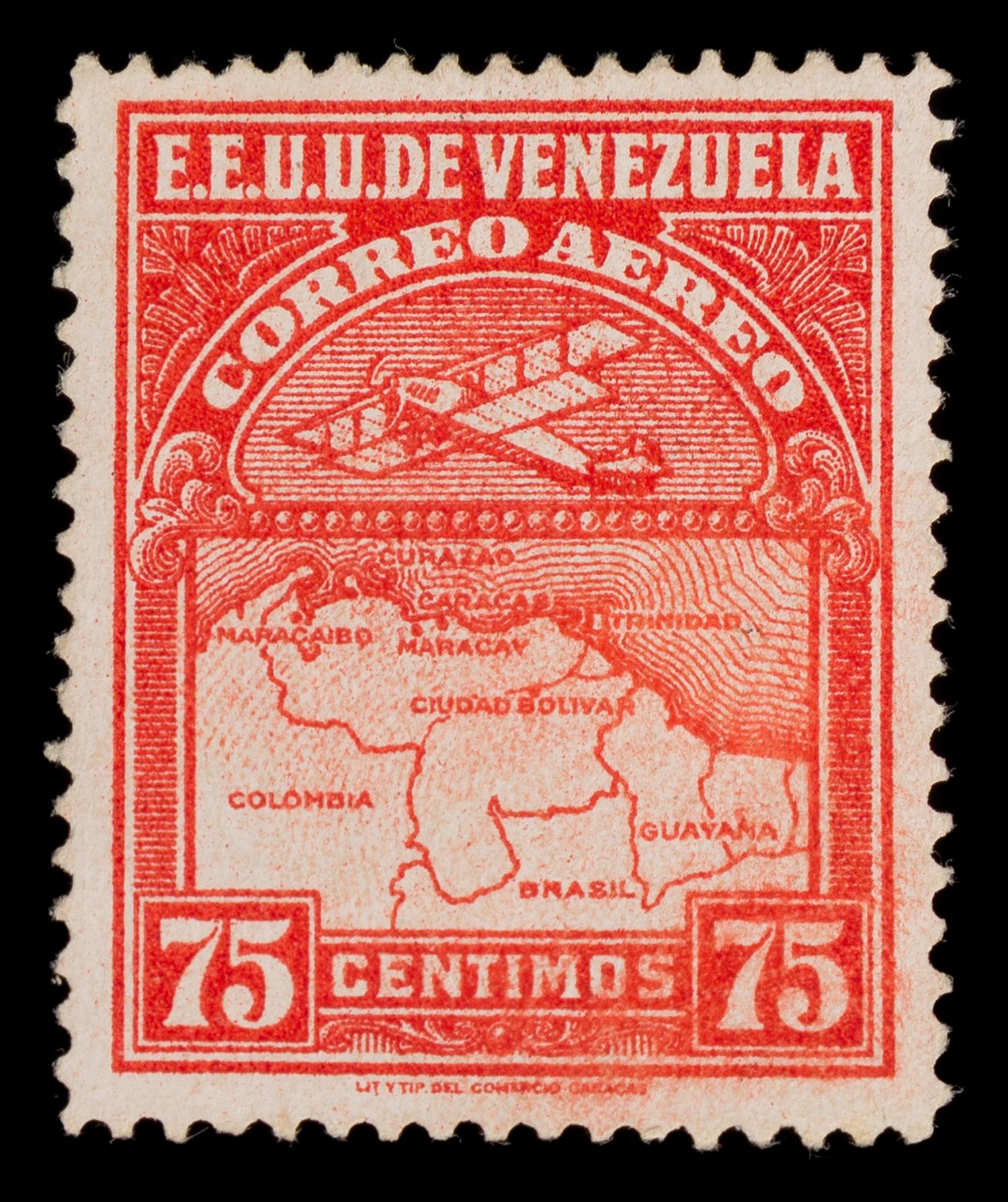 {PHILATELY} [OFFSET PRINTING ERROR] VENEZUELA. Airmail. 1930 Deep Red Offset Printing Error 75-Centimo Stamp (#C6VAR/ Sanabria 6b)