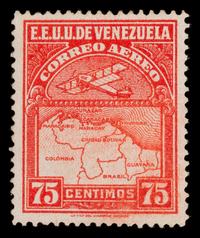 {PHILATELY} [OFFSET PRINTING ERROR] VENEZUELA. Airmail. 1930 Deep Red Offset Printing Error 75-Centimo Stamp (#C6VAR/ Sanabria 6b)