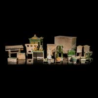 A Collection of Chinese Sancai Glazed Pottery Models of Furniture, Ming Dynasty — 明 三彩交椅、供桌、床等一組二十一件