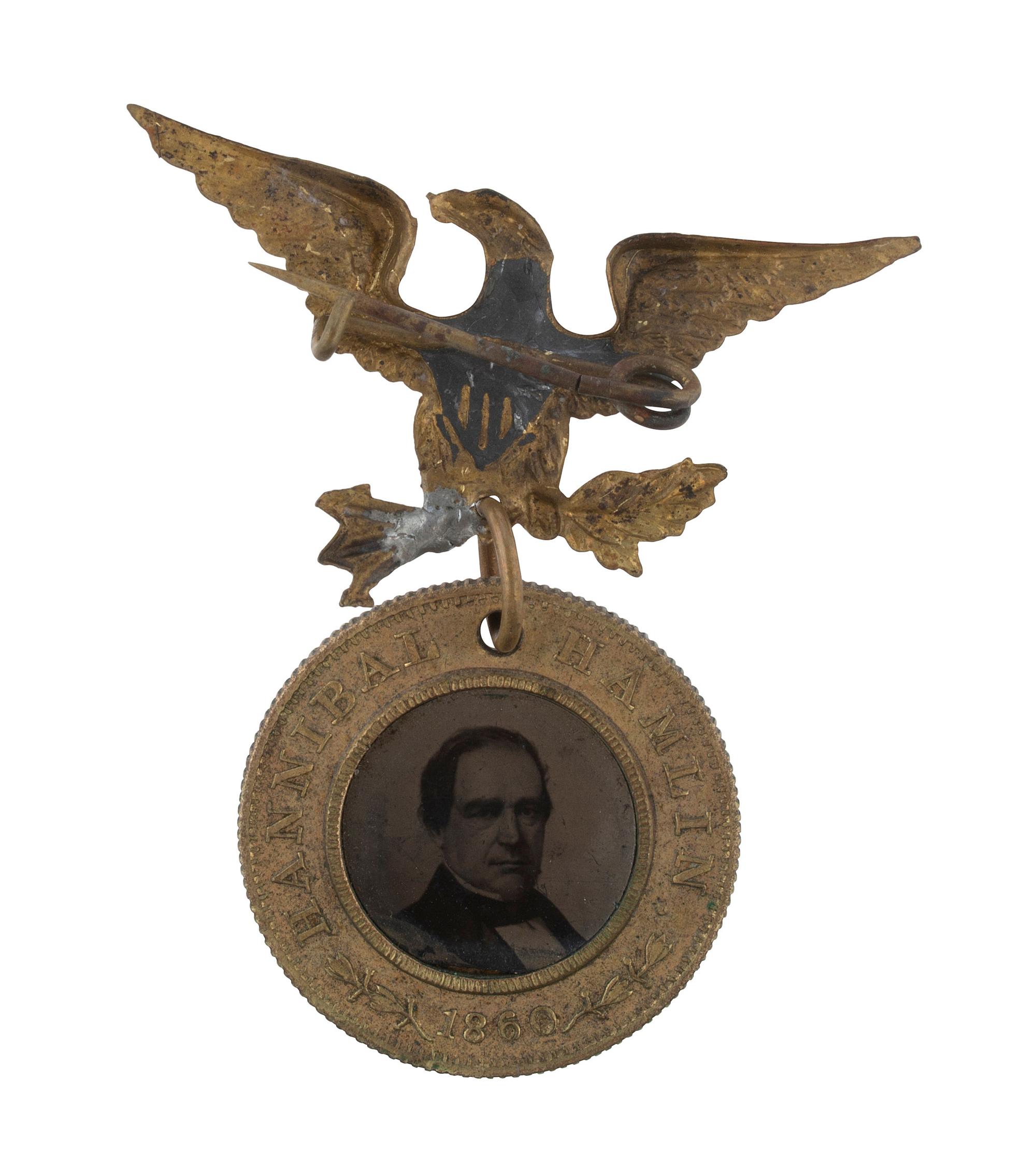 [LINCOLN, Abraham (1809-1865)]. Abraham Lincoln and Hannibal Hamlin back-to-back campaign ferrotype with eagle hanger. 1860.