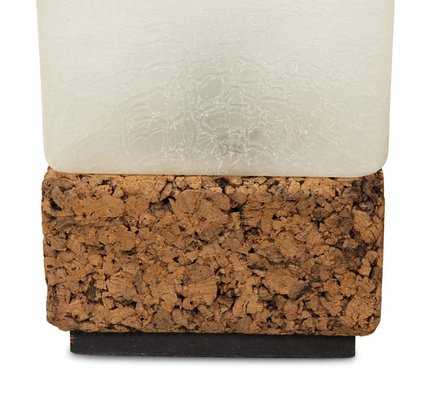 A Pair of Cork and Frosted Crackle Glass Ice Cube Table Lamps