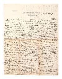 MOSBY, JOHN S. (1833-1916). ALS to Captain Samuel F. Chapman. Washington, DC, 18 June 1909. Discussing the indictment of Jefferson Davis for treason, the pardoning of Mosby's ranger John McCue, and Mosby's support of Ulysses S. Grant.