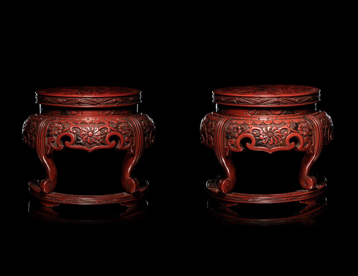 A Pair of Japanese Carved Cinnabar Lacquer Stands