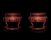 A Pair of Japanese Carved Cinnabar Lacquer Stands