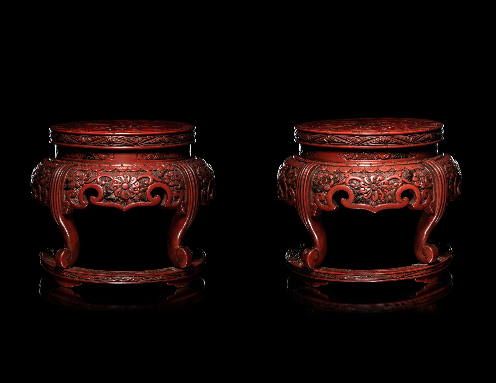 A Pair of Japanese Carved Cinnabar Lacquer Stands